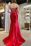 Red Strapless Mermaid Satin Long Dress with Slit