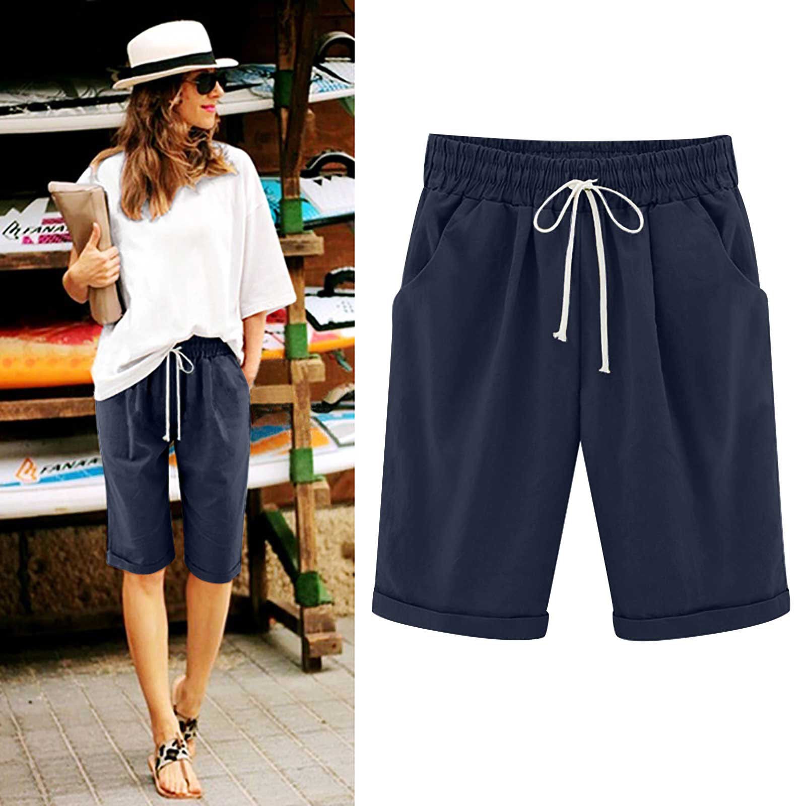 simiswim - Women's Elastic Waist Knee Length Casual Cotton Bermuda Shorts with Drawstring