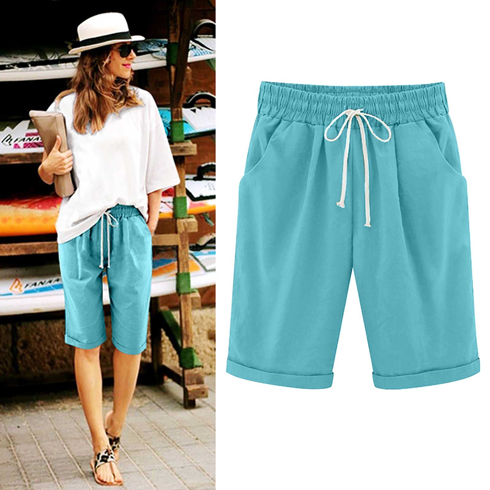 simiswim - Women's Elastic Waist Knee Length Casual Cotton Bermuda Shorts with Drawstring