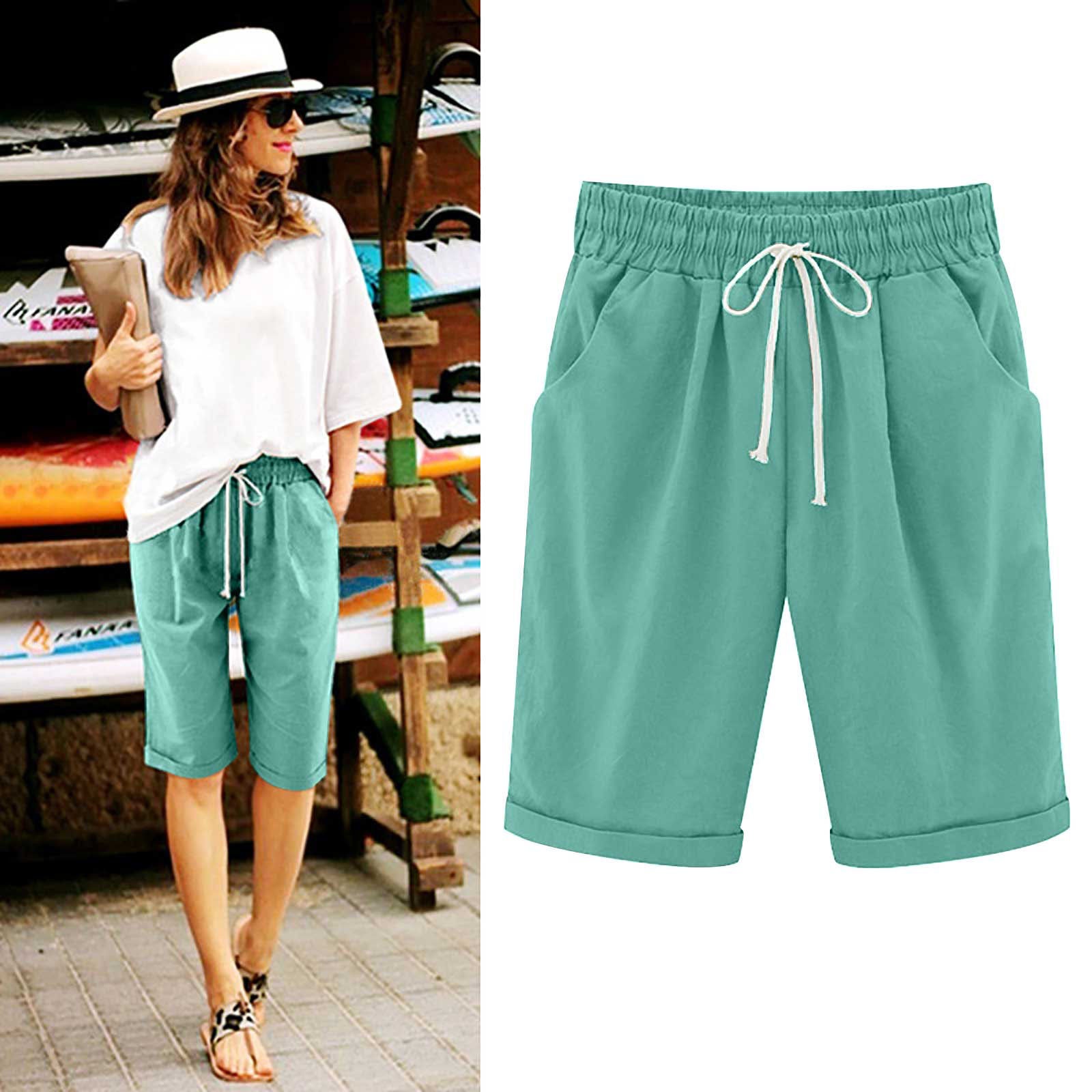 simiswim - Women's Elastic Waist Knee Length Casual Cotton Bermuda Shorts with Drawstring