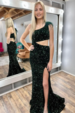 Sparkly One-Shoulder Mermaid Sequins Prom Dress with Feathers