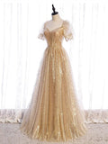 Short Sleeves Gold Tulle Long Prom Dresses N339
