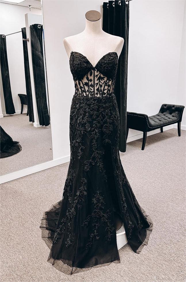 Strapless Mermaid Black Lace Long Prom Dresses N356