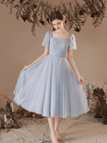 Gray Tulle Pearl Short Sleeve Tea-length Prom Dress Bridesmaid Dress N379