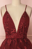 Burgundy V-Neck Lace Short Backless Homecoming Dress N375