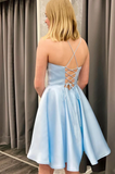 A-Line Spaghetti Straps Blue Graduation Homecoming Dress N372