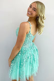A Line Sweetheart Mint Tulle Short Homecoming Dress with Appliques AB092605
