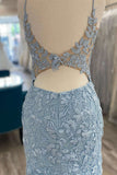 Spaghetti Straps V-neck Blue Homecoming Dress with Appliques VB516