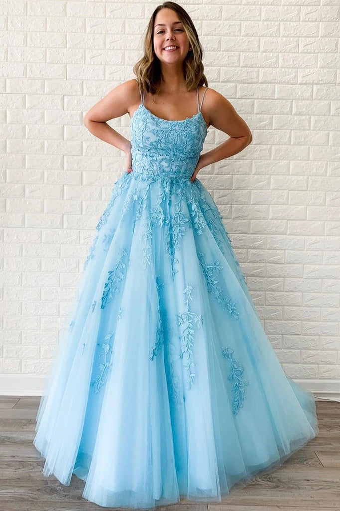 A Line Sky Blue Lace Backless Long Prom Dresses with Rhinestones N2588