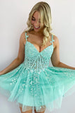 A Line Sweetheart Mint Tulle Short Homecoming Dress with Appliques AB092605