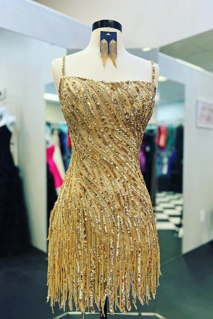 Gold Spaghetti Straps Sequins Short Homecoming Dress