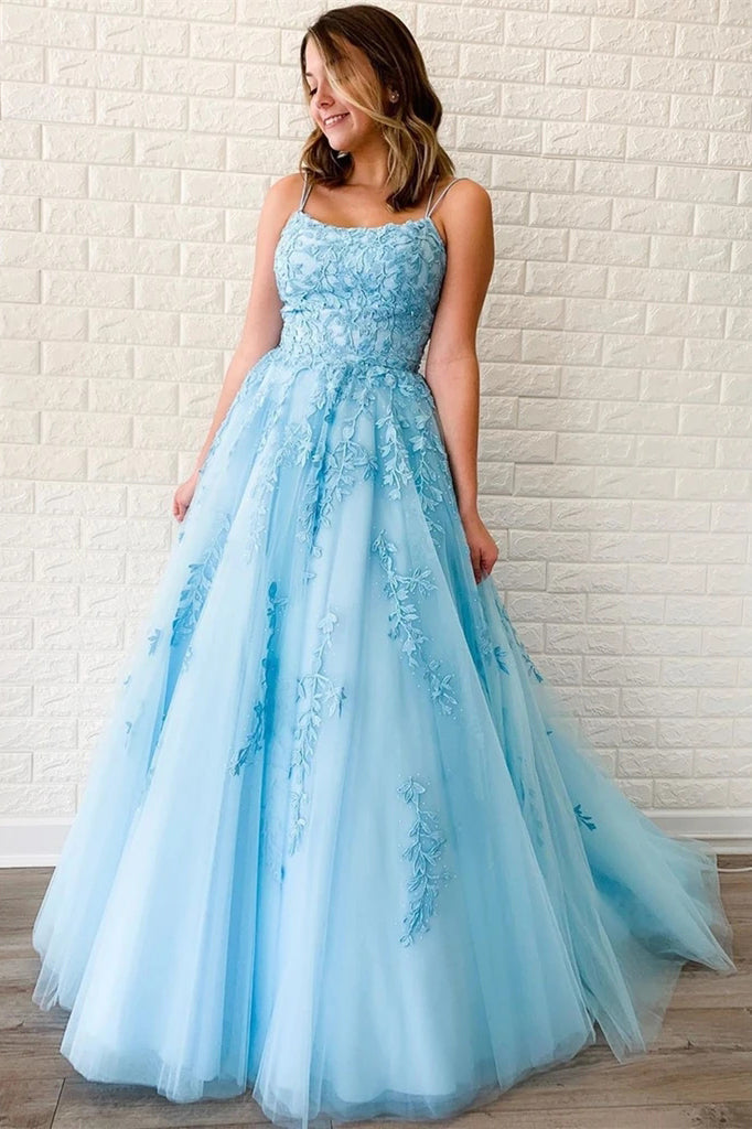 A Line Sky Blue Lace Backless Long Prom Dresses with Rhinestones N2588