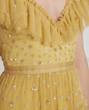 Unique Ruffles V-Neck Floor Length Tulle Yellow Prom Dresses N2245