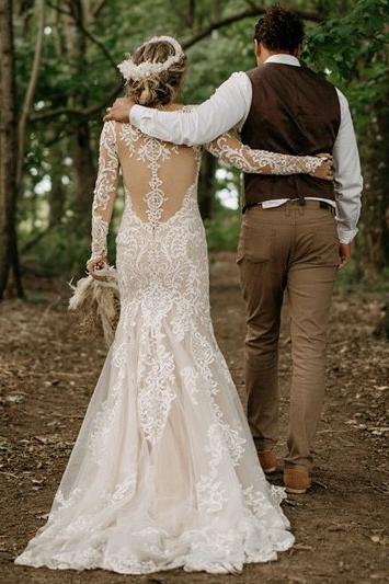 Long Sleeves Deep V-neck Lace Mermaid Wedding Dress