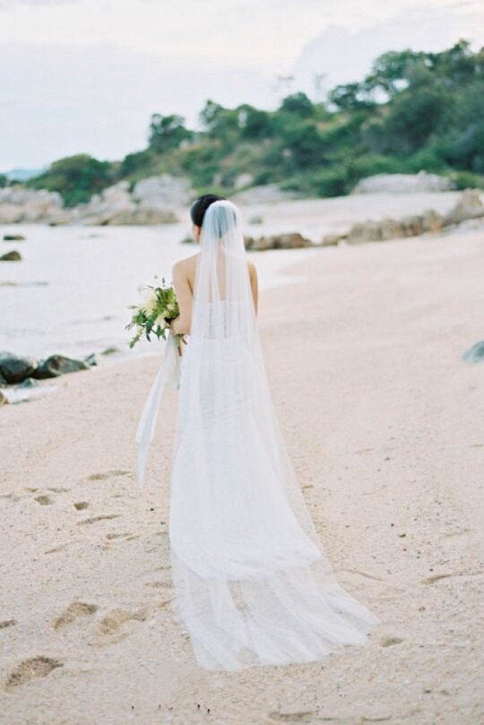 90 Inches Ivory Wedding Veil Chapel Length Cut Edge Wedding Bridal Veil V16 - Simibridaldresses