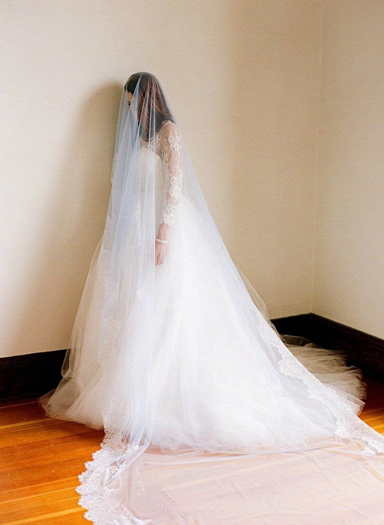 1T Tulle With Lace Cathedral Length Wedding Bridal Veil V11 - Simibridaldresses