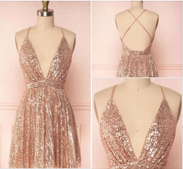 Glitter Spaghetti Straps Backless V-neck Homecoming Dress Cute Event Dress Y0282