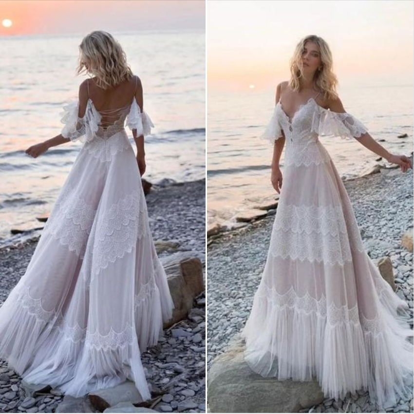 Bohemia Charming Long Lace Beach Wedding Dresses For Women Y0111