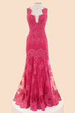 Deep V-Neck Fuchsia Mermaid Long Lace Prom Dresses