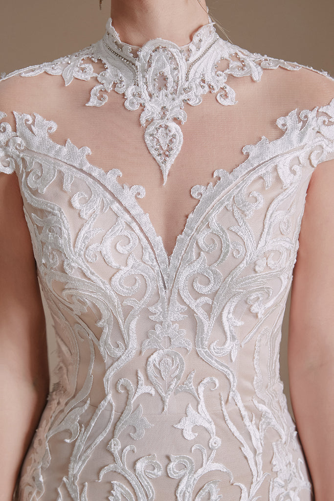 Elegant Cap Sleeves Lace Mermaid Long Beach Wedding Dresses