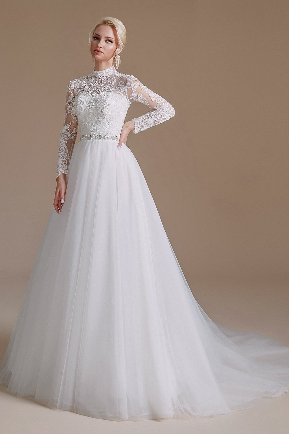 A Line Lace Appliques Long Sleeve Tulle Chapel Train Wedding Dresses