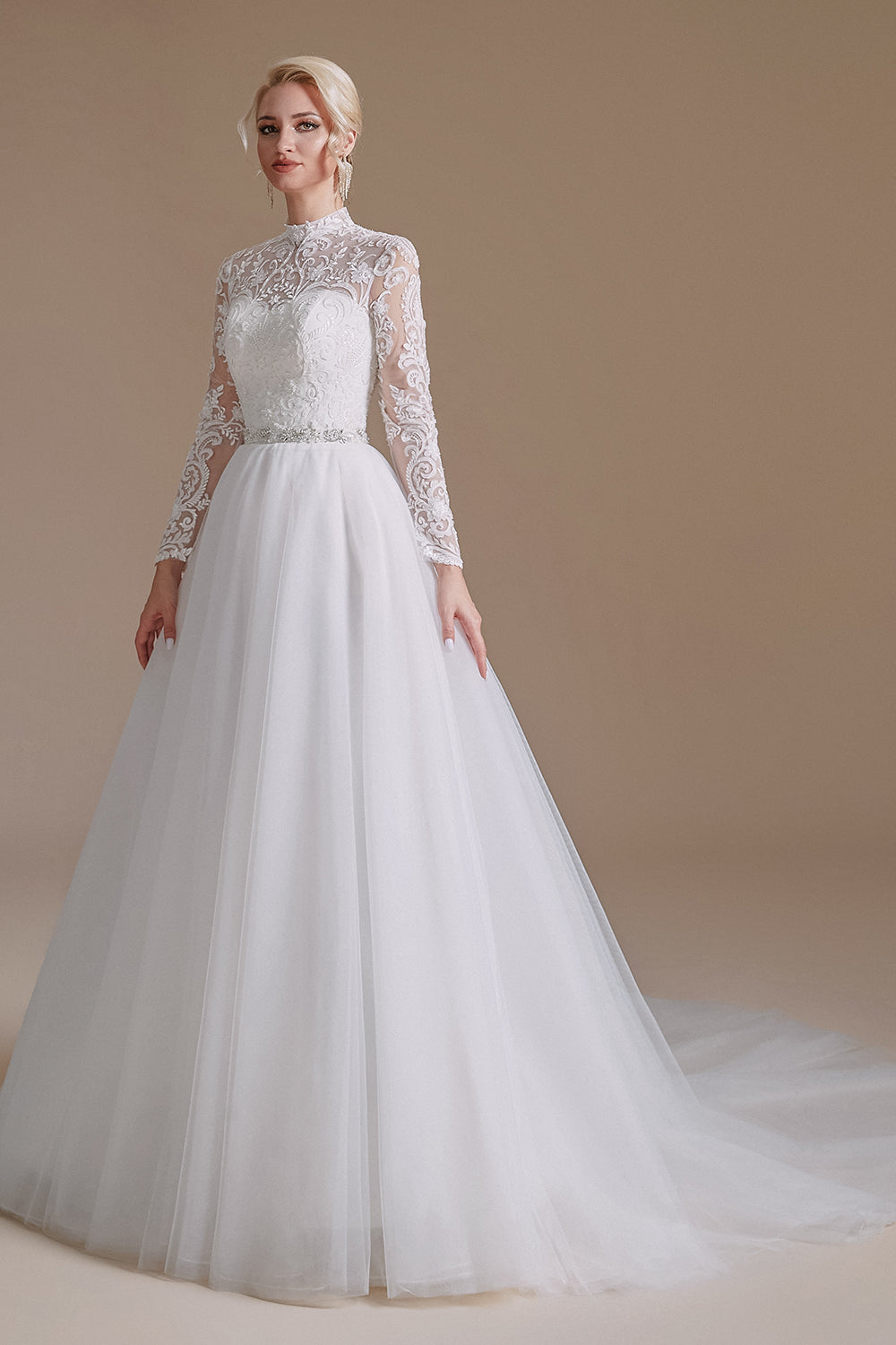 A Line Lace Appliques Long Sleeve Tulle Chapel Train Wedding Dresses