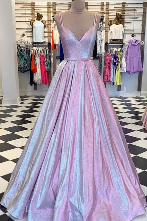 Shiny Sexy Spaghetti Straps V-Neck Floor Length Evening Dresses Long Prom Dresses
