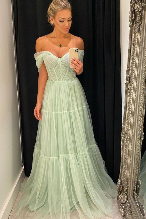 A-Line Mint Off the Shoulder Formal Evening Gowns Tulle Long Prom Dress