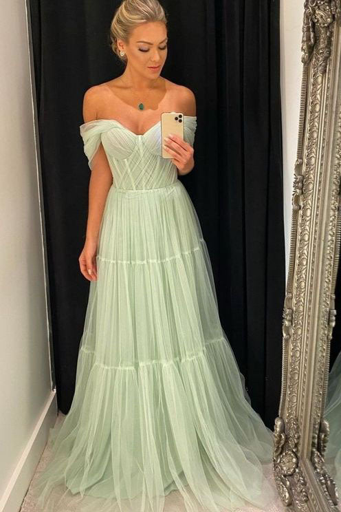 A-Line Mint Off the Shoulder Formal Evening Gowns Tulle Long Prom Dres ...