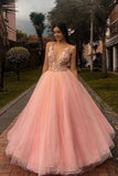 A Line Pink V-Neck Tulle Formal Evening Dress Lace Applique Long Prom Dress
