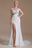 Spaghetti Straps Appliques Sweep Train High Split Prom Dress Wedding Dress