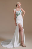 Spaghetti Straps Appliques Sweep Train High Split Prom Dress Wedding Dress