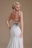 Spaghetti Straps Appliques Sweep Train High Split Prom Dress Wedding Dress