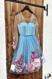 Pink V-Neck 3D Applique Short Prom Dresses Long Sleeves Homecoming Dresses N1840