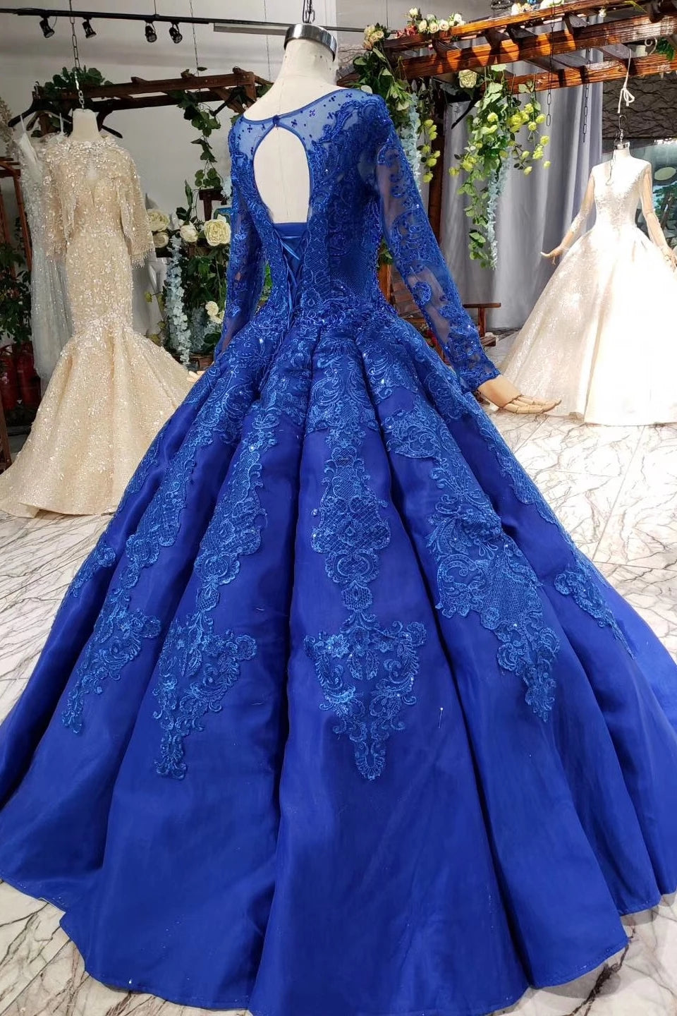 Puffy Royal Blue Long Sleeves Quince Ball Gown Prom Dresses