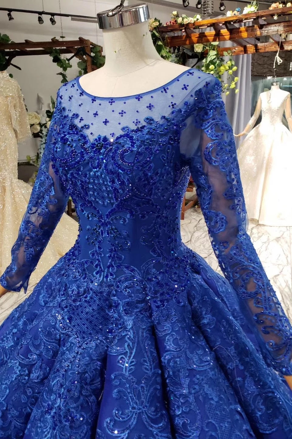 Puffy Royal Blue Long Sleeves Quince Ball Gown Prom Dresses