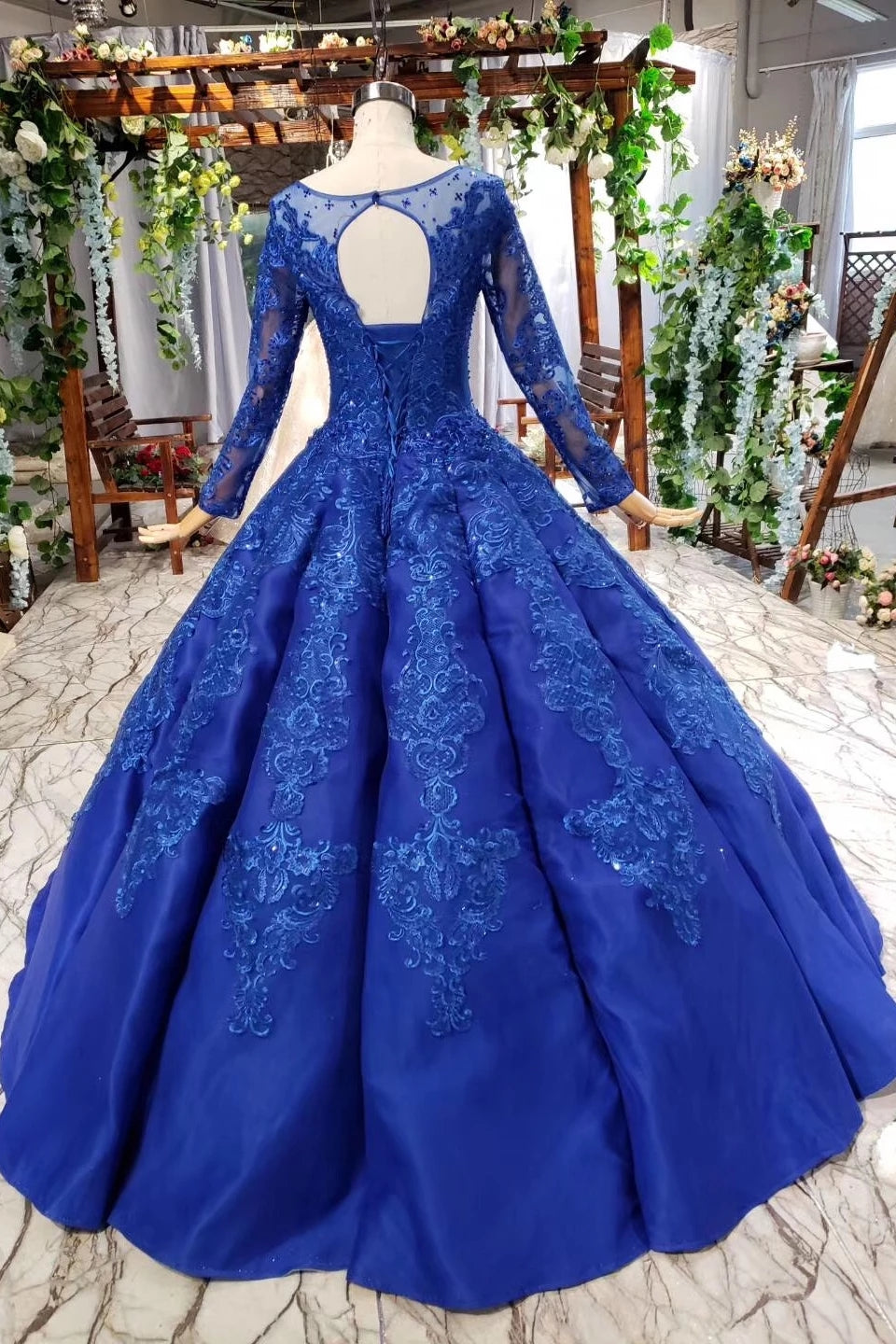 Puffy Royal Blue Long Sleeves Quince Ball Gown Prom Dresses