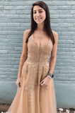 Stylish V-Neck Lace A-Line Evening Dress Appliques Long Prom Dress