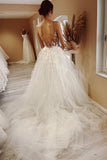 A Line Sheer Neck Tulle Wedding Dresses with Appliques N069