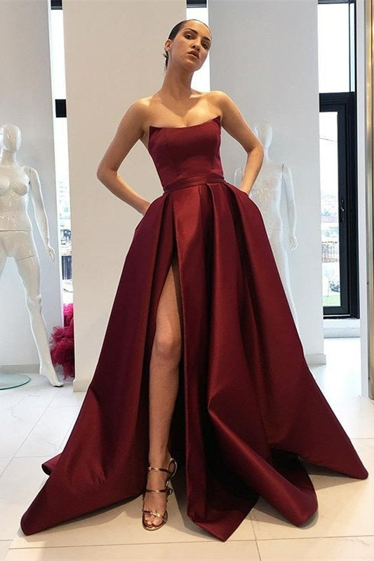 Burgundy Party Dresses A Line Strapless Mermaid Prom Dresses With Front Split PD0205