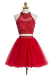 Two piece Scoop Red Beading Homecoming Dresses Prom Dresses