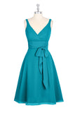 A Line V-Neck Chiffon Turquoise Homecoming Dresses