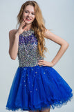 A Line Royal Blue Sleeveless Tulle Beaded Open Back Homecoming Dresses