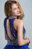 A Line Royal Blue Sleeveless Tulle Beaded Open Back Homecoming Dresses