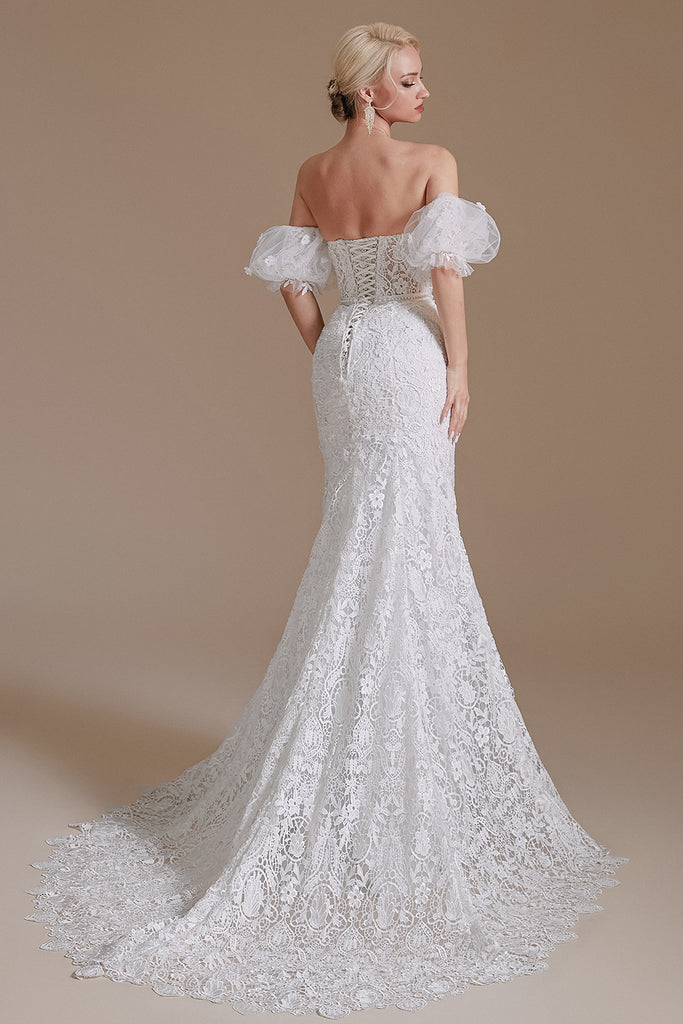 New Arrival Sweetheart Off the Shoulder Lace Long Beach Wedding Dresses