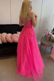 Hot Pink A Line Lace Appliques Spaghetti Straps Prom Dress