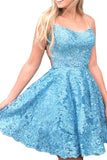 Light Blue Straps Lace Short Homecoming Dresses