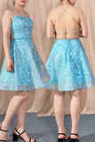 Light Blue Straps Lace Short Homecoming Dresses