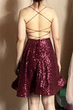 Glitter A Line Straps Sequins Burgundy Short Homecoming Dresses