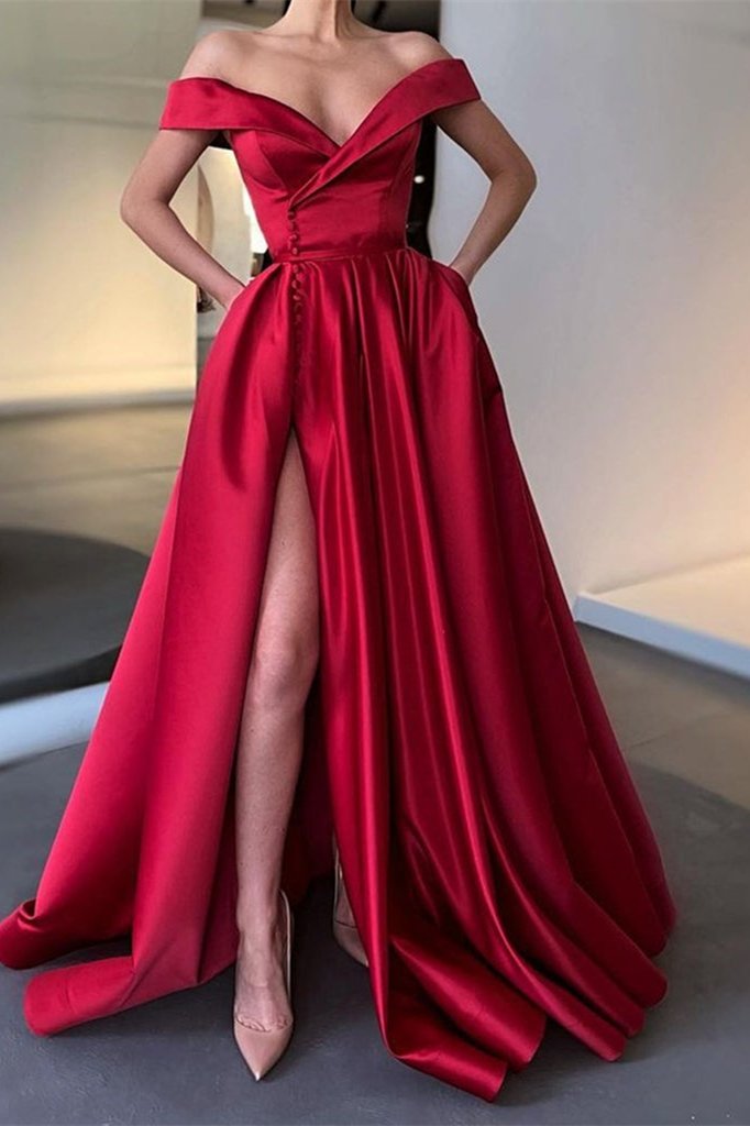 A Line Off-the-Shoulder Satin Side Split Long Prom Dresses Party Dresses PD0386